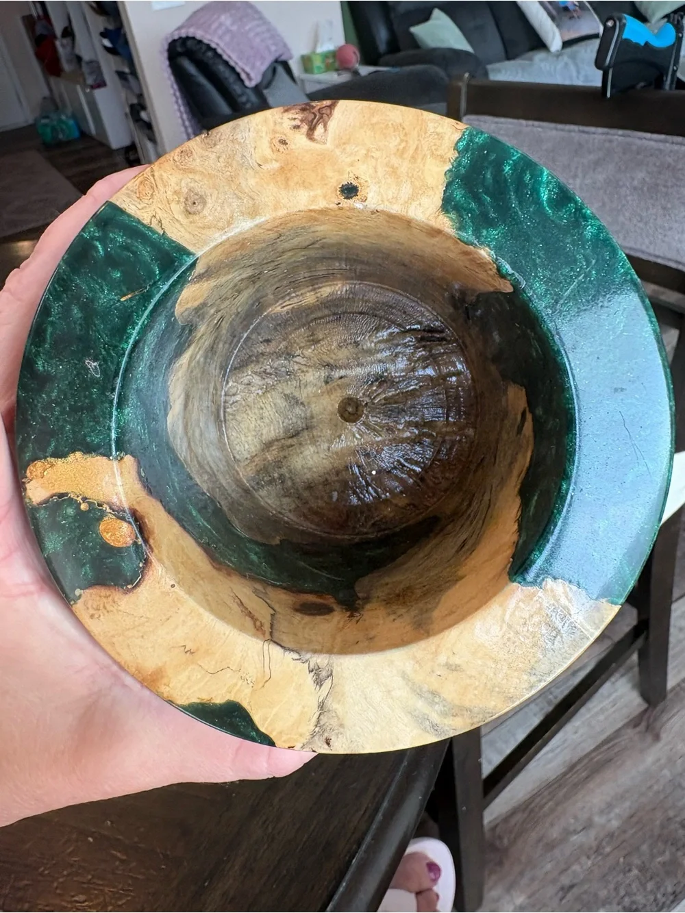 Handcrafted Wood and Emerald Resin Decorative Vase - Green Accent